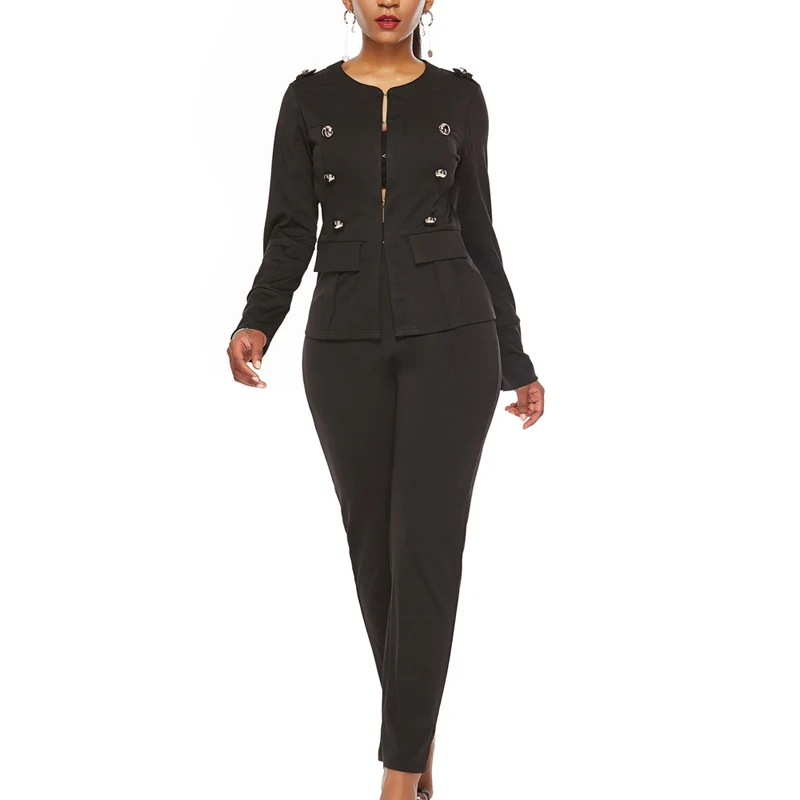 

Oeak Women Autumn Suit Set Office Women Long Sleeve Retro Buttons Solid Suit Set Lady Business Jacket Suit Set
