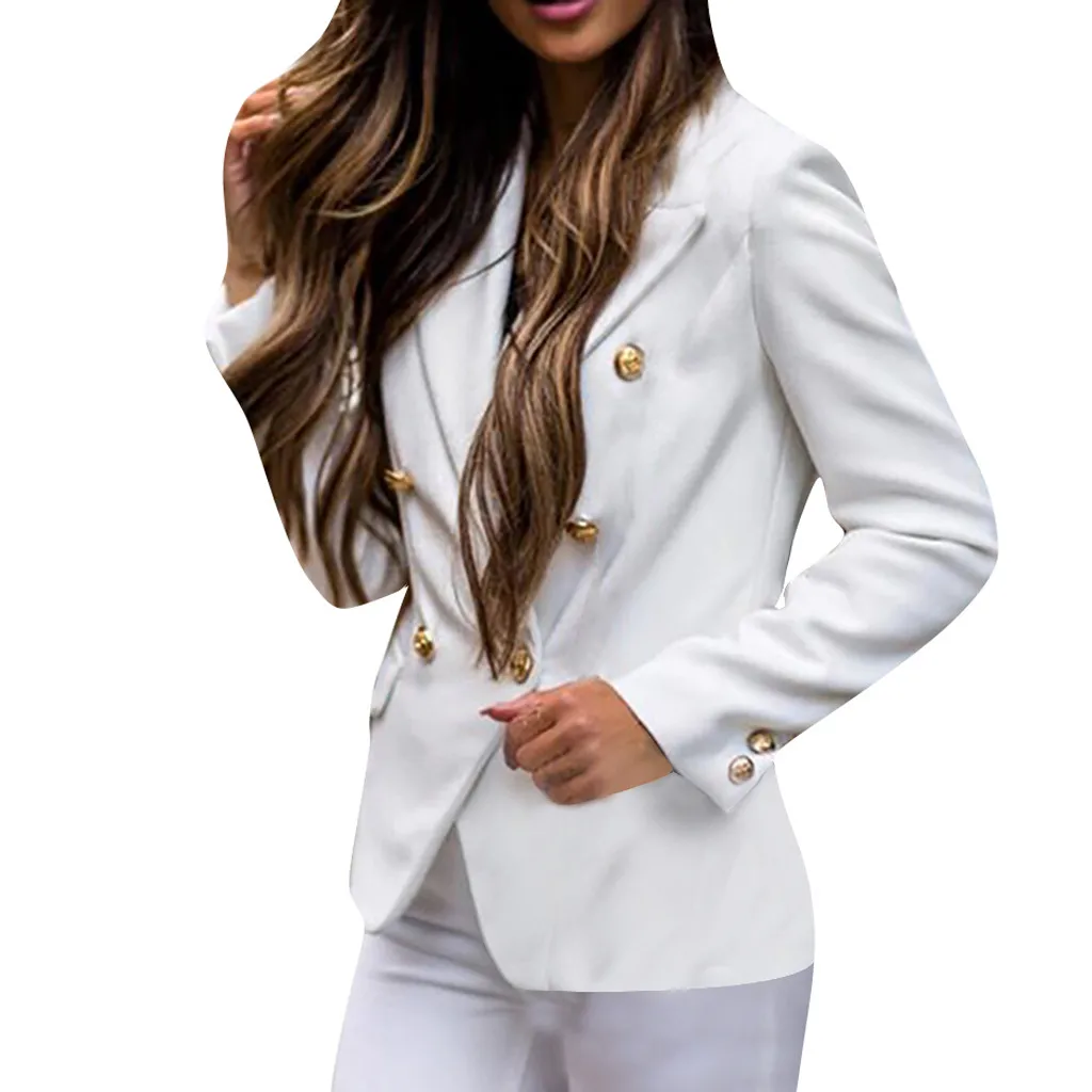 Женский блейзер длинный рукав с золотыми пуговицами, однотонный кардиган с v-образным вырезом и отворотом, пальто, женские блейзеры и куртки, блейзер Feminino - Цвет: White
