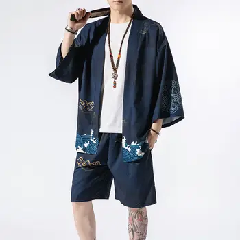 

NiceMix Japanese kimono suit male Cardigan shorts two pieces suits seven-point sleeves robe shirt fairy crane print Hanfu jacket