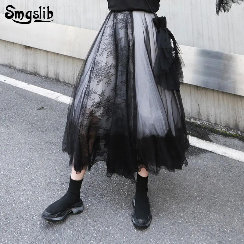 

2019 Fashion Tide New Spring Autumn skirt elegant High Waist Black Lace Mesh Split Joint 5 Layers ball gown Half-body Skirts