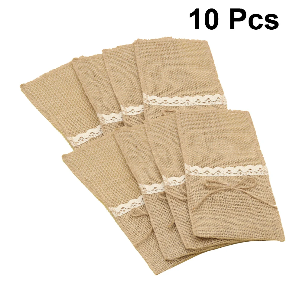 Lot de 10 Pochettes en Toile de Jutes en Dentelle Porte Couvert