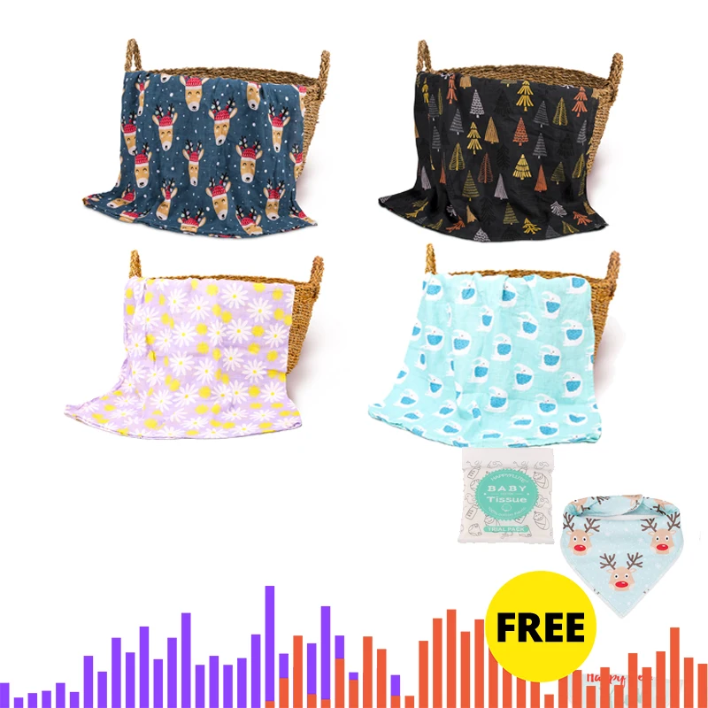 Happy Flute 4Pc Muslin 100% Cotton Soft Newborn Blankets Colorful with Gift Toddler Bed Bedding Baby Swaddles | Мать и ребенок