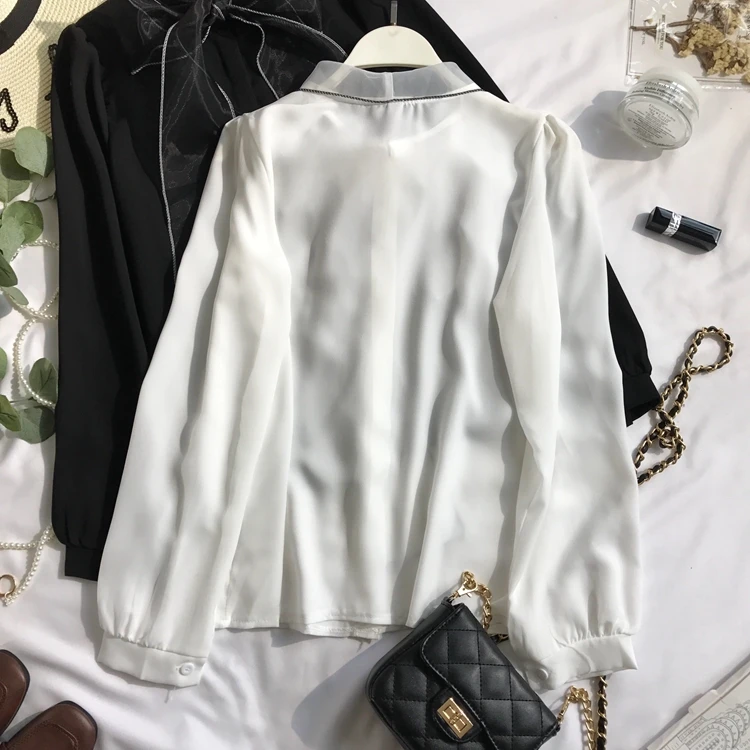 Neploe 2020 New Spring Autumn New Elegant Lace Up Bow Blouse Women Lantern Long Sleeve Solid Chiffon Shirt Slim Fit Blusas 47027