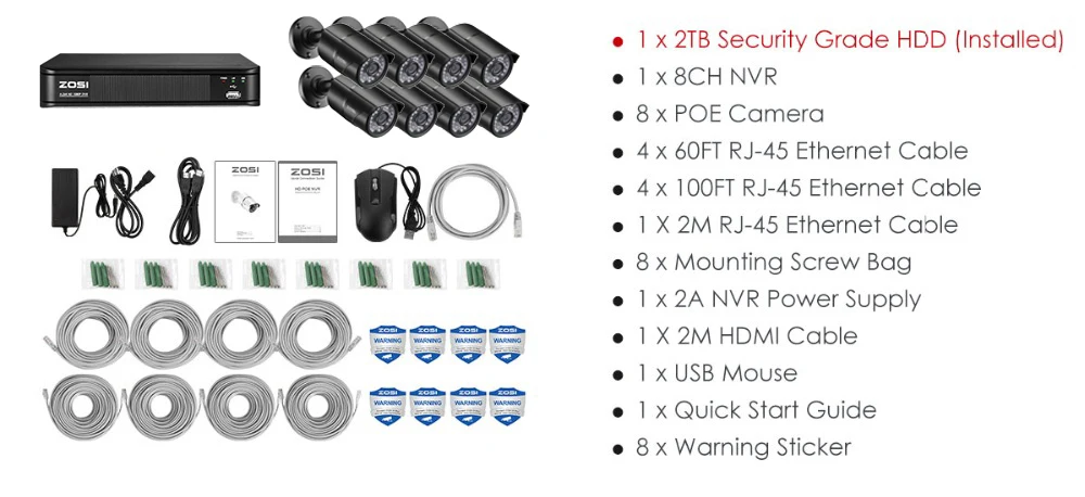 ZOSI 8CH 1080 P PoE, сетевые 8 шт открытый/закрытый IP пули Камера видео система наблюдения CCTV с 2 ТБ HDD NVR Наборы