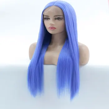 

Blue Glueless 13*3 Inch Synthetic Lace Front Wig Long Straight High Temperature Fiber Middle Parting Hair Wigs For White Women