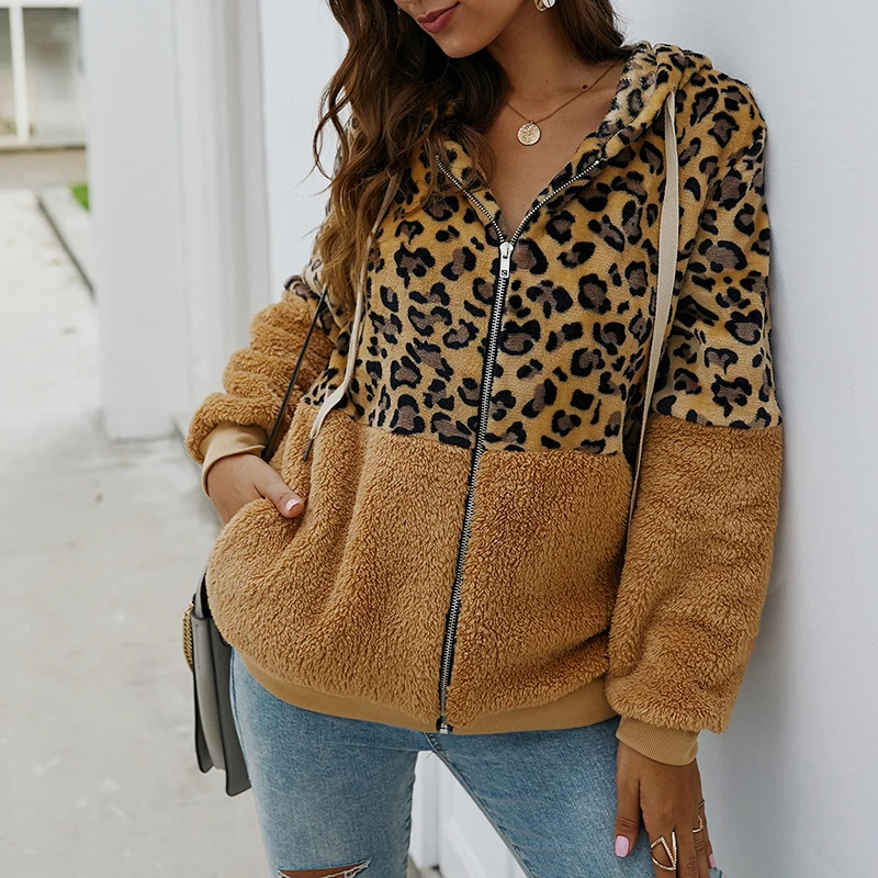 Леопардовые женские толстовки, плотные Лоскутные Длинные рубашки, толстовки с капюшоном, с карманами на молнии, осенне-зимняя теплая одежда, уличная одежда M0607