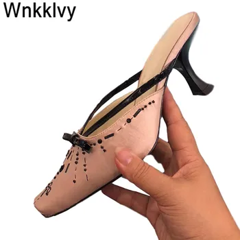 

Shiny slippers summer dress shoes lazy muellers high heels crystal bowknot decor square toe satin silk runway sandals 2020