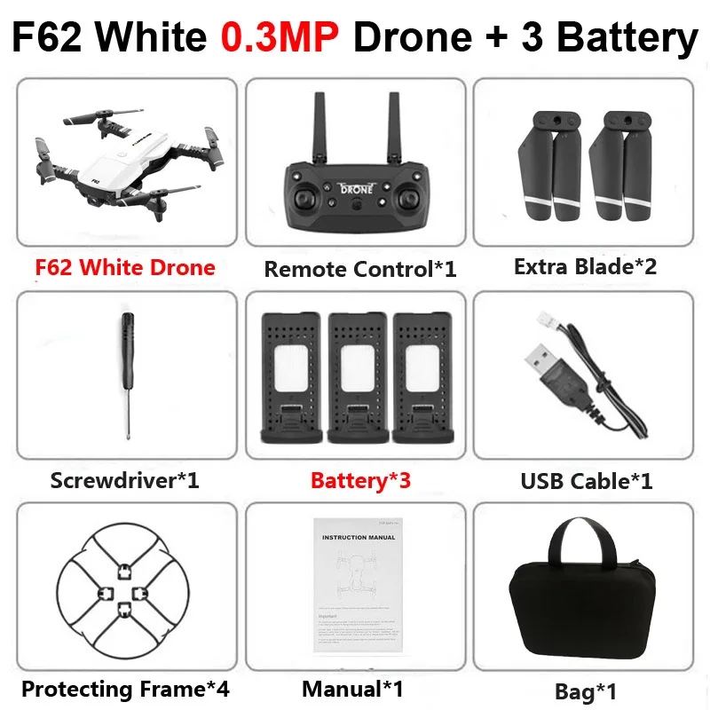 F62 W 0.3MP 3B Bag F62 Foldable Profissional Drone with 4K HD Dual Camera WiFi FPV Optical Flow Wide Angle RC Helicopter Quadrocopter Toy SG106 E58 - Цвет: F62 W 0.3MP 3B Bag