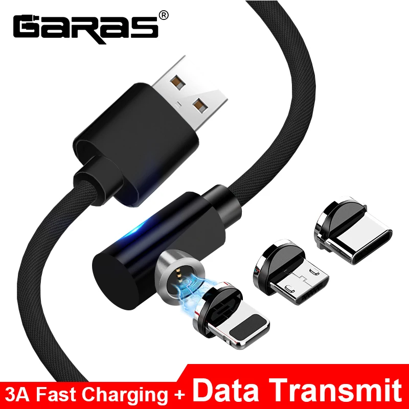 GARAS 90 градусов Магнитный кабель передачи данных для iPhone/Micro USB/type C быстрое зарядное устройство кабель магнит QC30 L Тип для huawei Xiaomi USB C