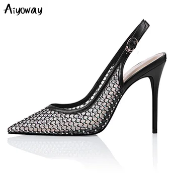 

Aiyoway Bling Crystal Cutout Women Stiletto Shoes Slingbacks Ankle Strap Pointed Toe Sexy Ladies High Heel Dress Sandalia