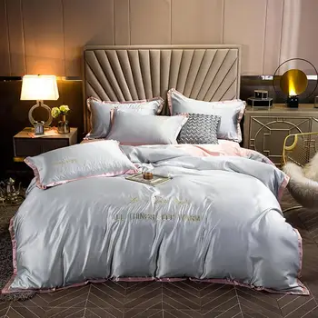 

Solid Color Grey Bedding Set Satin Silk Duvet Cover Pillowcase Set Single double Twin Queen King Size 3/4pcs roupa de cama