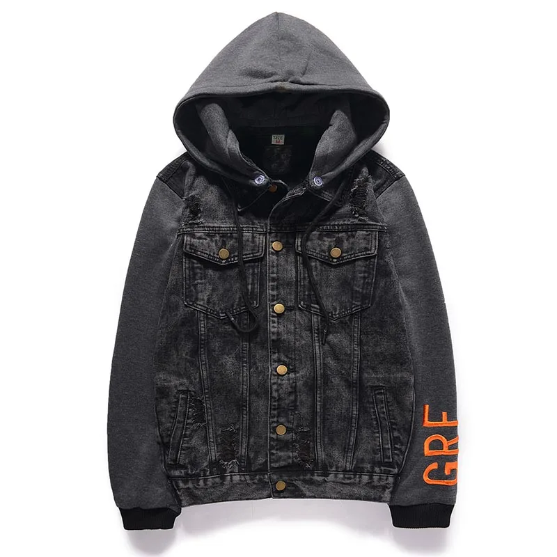 KIOVNO Men's Ripped Denim Jackets Knitted Sleeves Hooded Black Jeans Jackets Outwear For Male High Street  (2)