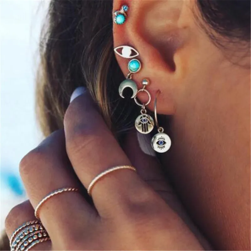 

WKOUD Fashion Popular Bohemian Stud Earrings Eyes Moon Earrings Set Suits Female Personality Palm Accessories Wholesale
