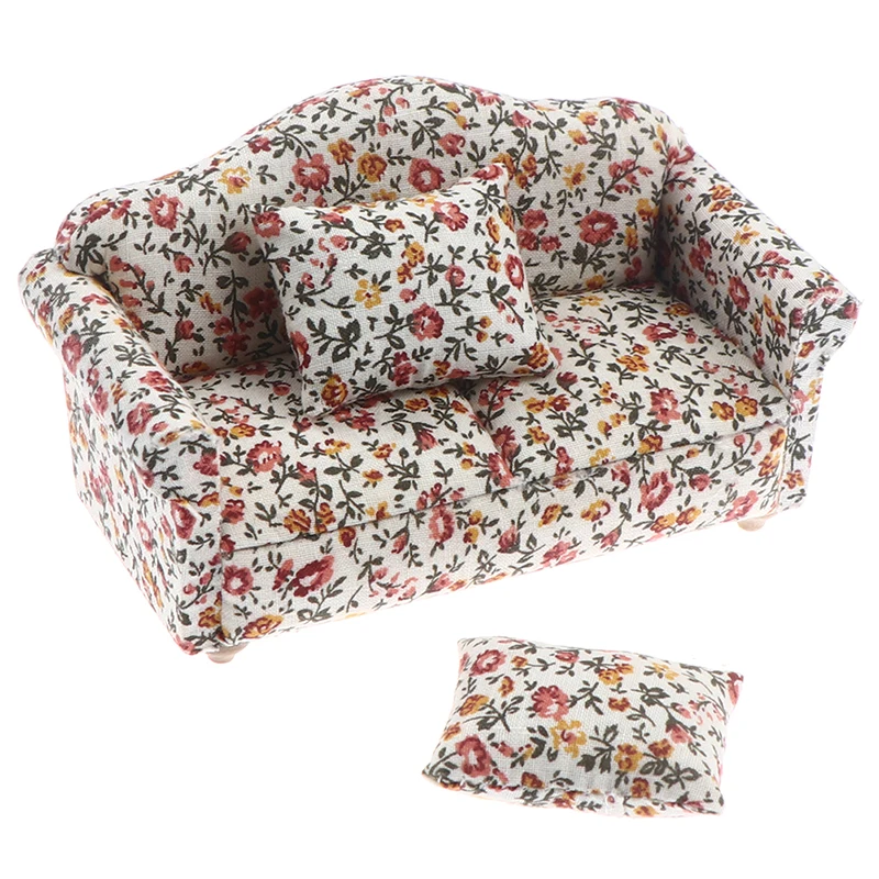 1:12 Dollhouse Miniature Wooden Double Sofa Cushions Dollhouse Room Furniture  Decor Accessories Wooden Toys For Girls