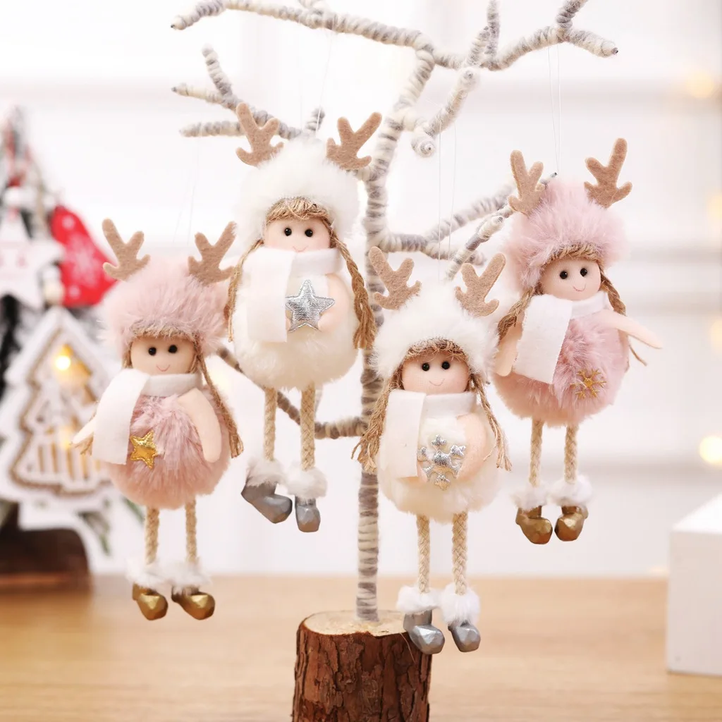 

Christmas Cute Ornaments Pink White Silk Plush Hanging Posture Doll Window Angel Decorations for Home Christmas Tree Xmas Gift