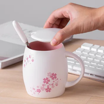 

Sakura Cup Wine Barrel Cup Pink Mark Cup Ceramic Cup Milk Cup Coffee Cup Covered Spoon Home Office Mug