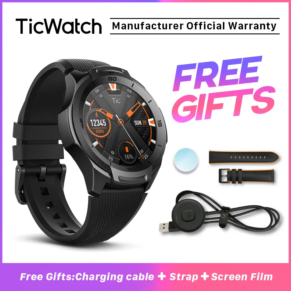 TicWatch S2 черные Смарт-часы Bluetooth спортивные часы GPS Android и iOS совместимые 5ATM водонепроницаемые Google Assistant