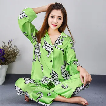 

Autumn Silk Pajamas for Women Thin Tiger Printed Sleepwear Long Sleeve Leisure Home Wear Set 2 Piece Green Purple Sexy Pijamas