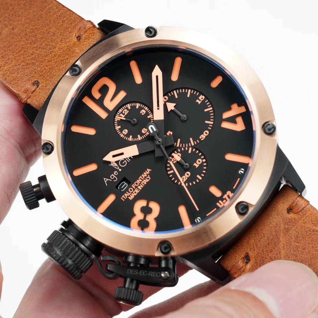 

Brand New Chronograph Stopwatch Men U CHRONOMETER U72 Chimera Black Rose Gold Aged Brown Cow Leather Boat Watch Yellow Orange