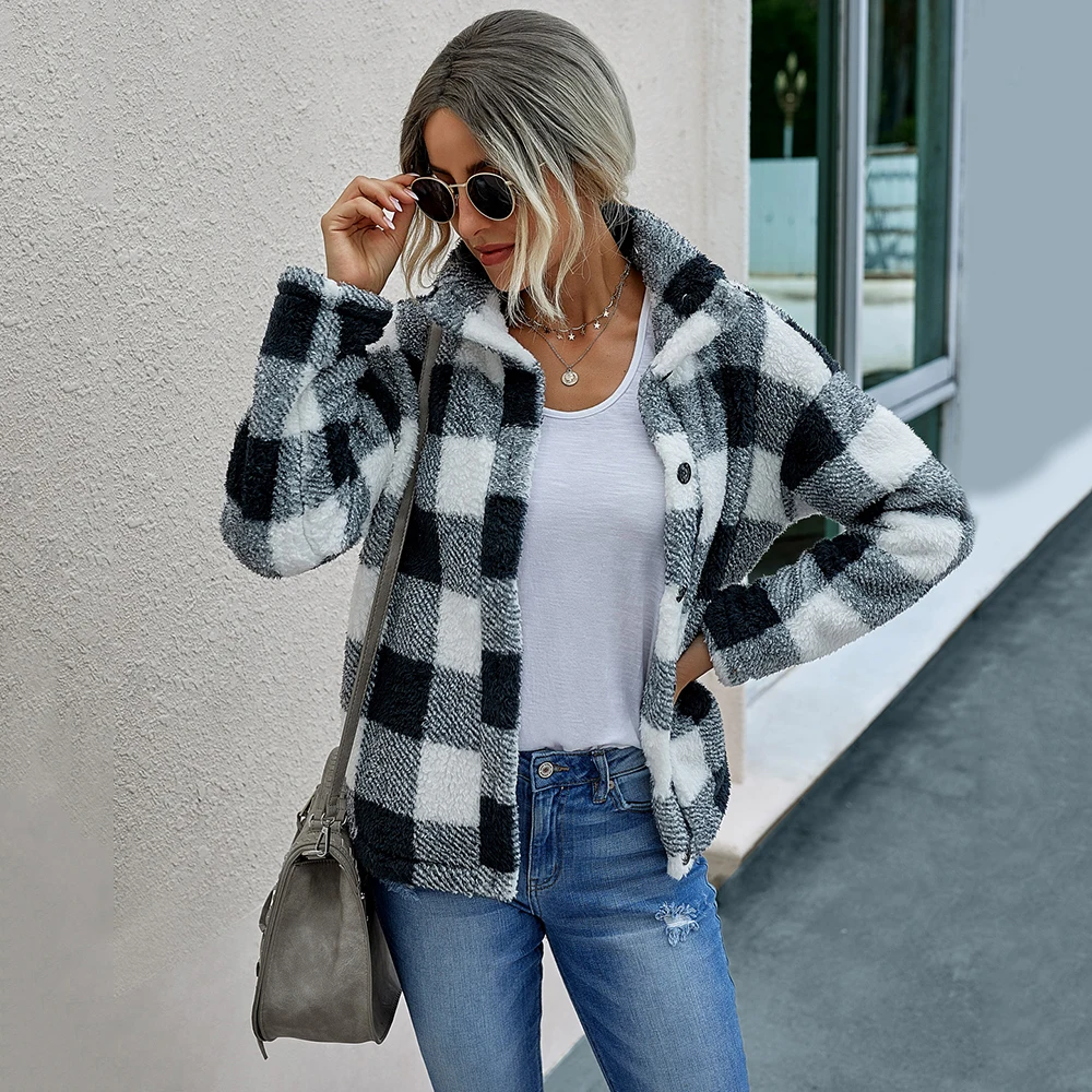 

Women New Arrival Mandarin Collar Plaid Coat Single Breasted Buttons Long Sleeve Fashion Outdoor Coat for Female Size S-XL 2020