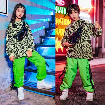 

New Girls Jazz Dance Costumes Boys Hip-Hop Green Sweatshirt Pants Child Modern Street Dancing Stage Performance Clothes VO325