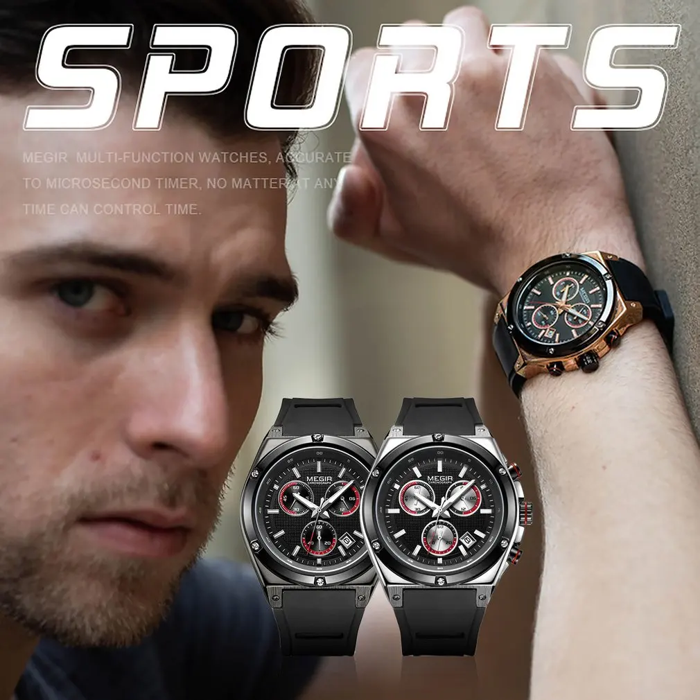 

MEGIR MEN'S CHRONOGRAPH ANALOG QUARTZ WATCH WITH DATE, LUMINOUS HANDS, WATERPROOF SILICONE RUBBER STRAP WRISTSWATCH FOR MAN