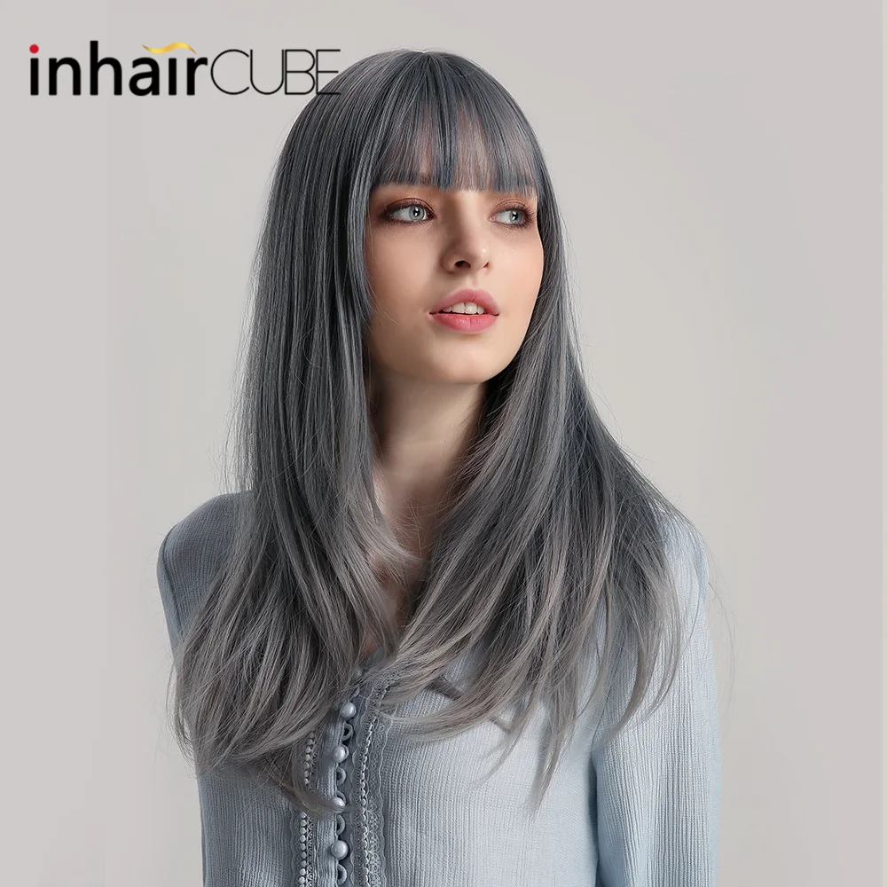 Inhaircube Омбре зеленый серый синий прямой синтетический парик смешанные