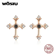 WOSTU Faith Cross, серьги-гвоздики из розового золота, 925 пробы, серебро, циркон, маленькие серьги для женщин, свадебные модные ювелирные изделия CQE613