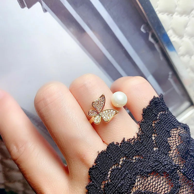 Anillo de perlas de agua dulce de 6-7mm para mujer, anillo abierto de mariposa, moda coreana, para fiesta, cumpleaños, anillo de boda, 2021