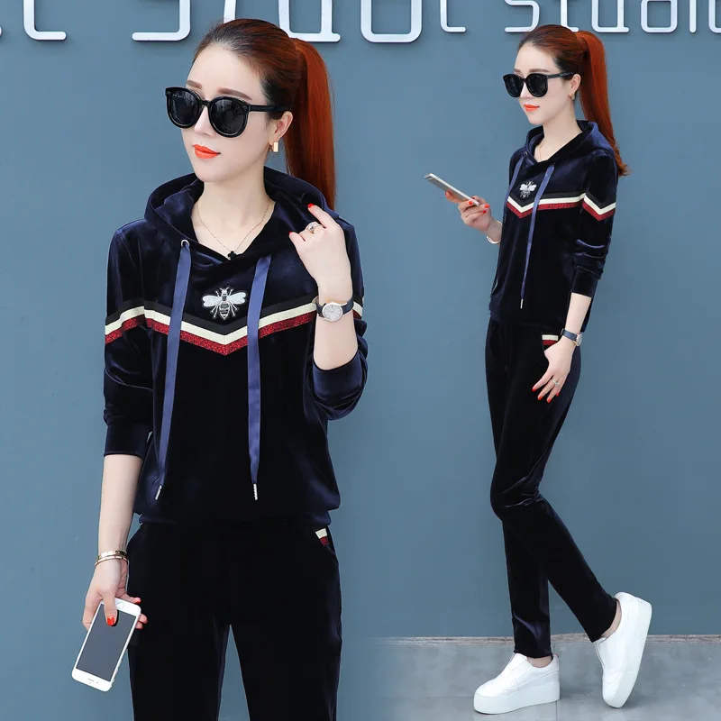 

Autumn Velvet Two Piece Set Women Tracksuit Stripe Patchwork Zip Hoodies Sweatshirt + Pants Suit Female Sportswear 2pcs Outfits