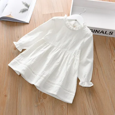 summer and autumn girls shirt girls dress solid color round neck casual vestoidos long-sleeved female children dress - Цвет: white