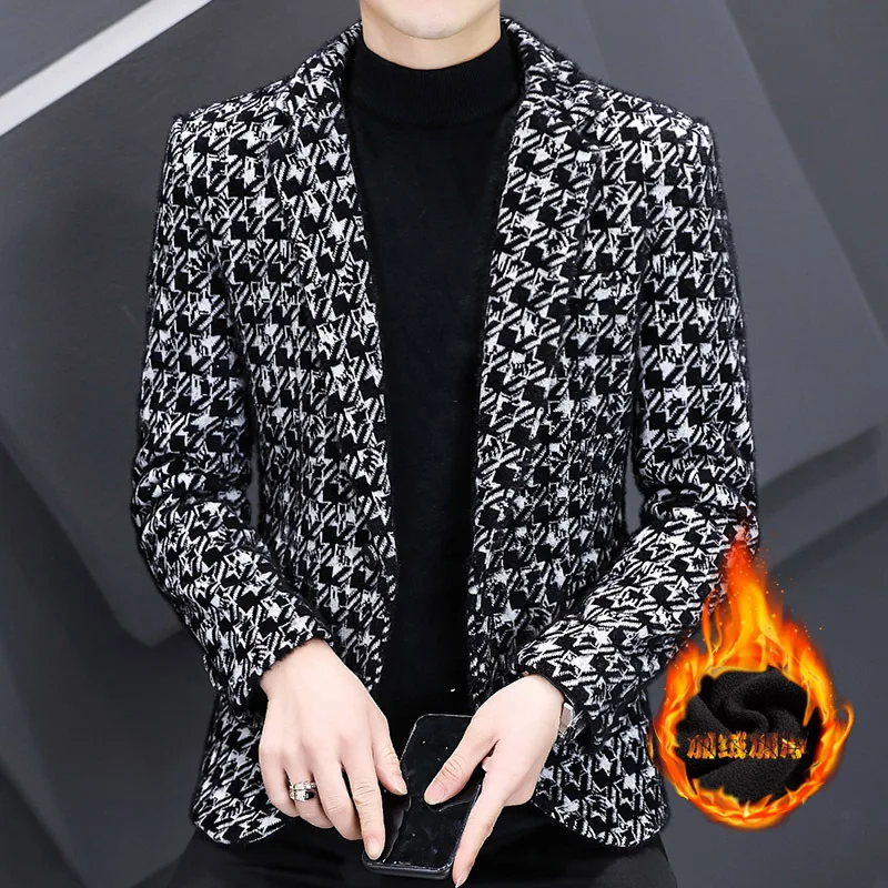 HOO 2022 Men's Autumn and Winter Woolen Printed Suit Handsome Slim-Fitting Youth Casual Fleece-Lined blazers | Мужская одежда