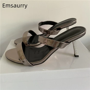

Jeweled Crystal Thin Heel Party Shoes Woman Bright Genuine Leather Narrow Band Sexy Open Toe High Heel Women Slippers