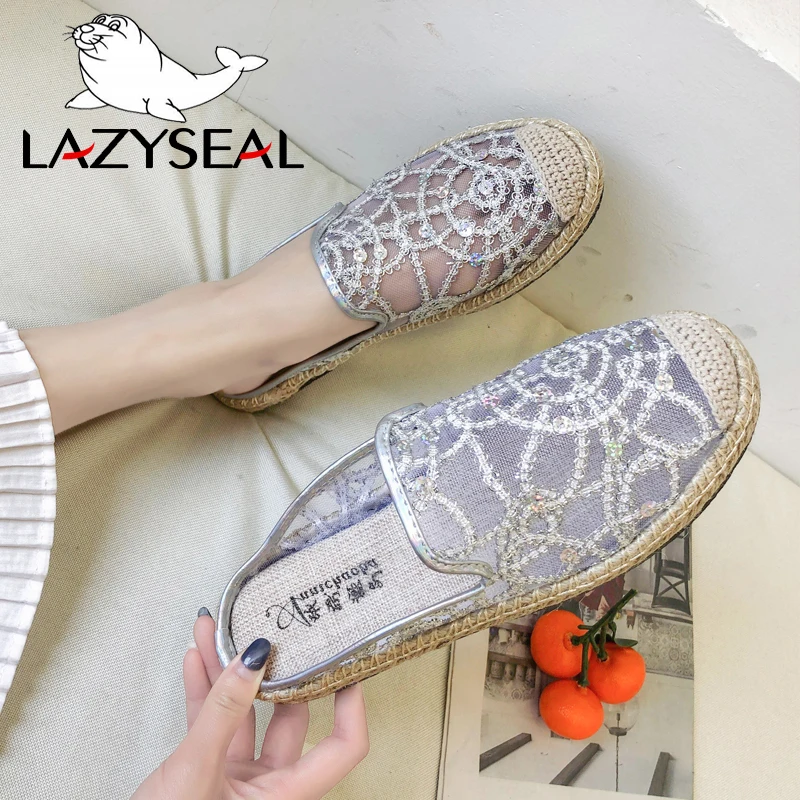 

LazySeal Air Mesh Breathable Slippers Autumn Women Shoes Hemp Flat Heel Shoes Women Lace Mules Shoes Woman Round Cane Toe Slides