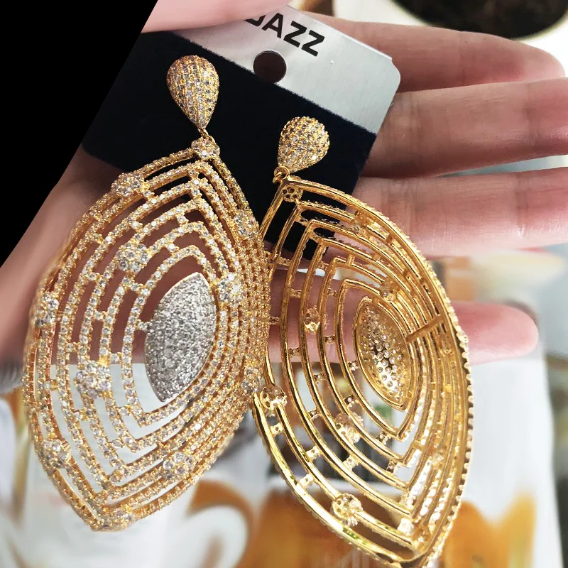 Dazz Luxury Large Earrings Plant Full Zircon Hollow Out Dangle Jewelry Bridal Women Wedding Party Nigeria Fashion Accessories