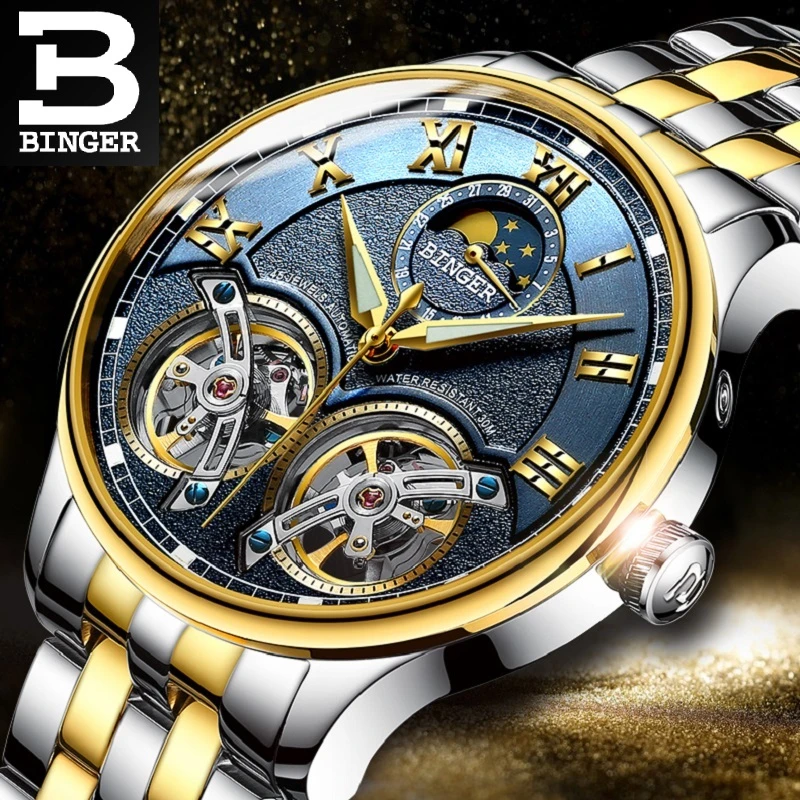 Binger Mens Mechanical Casual Skeleton Automatic Wristwatches Sapphire  Crystal Double Tourbillon Stainless New Clock Moon Phase - Mechanical  Wristwatches - AliExpress