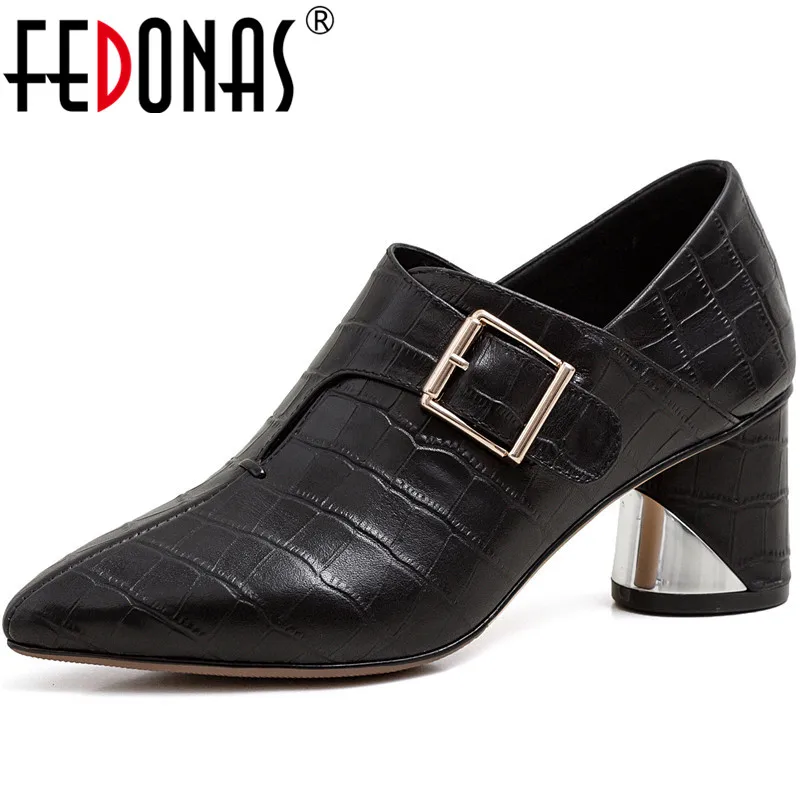 FEDONAS New Women Point Toe Party Wedding Pumps Spring Summer High Heels Pumps Rome Metal Buckle Cow Leather Retro Shoes Woman