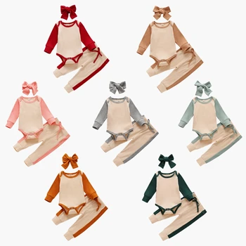 

Newborn Infant Baby Girls Boys 3Pcs Patchwork Ribbed Outfit Set Long Sleeve Romper+Pants+Headband Set for Kid Baby Spring Autumn