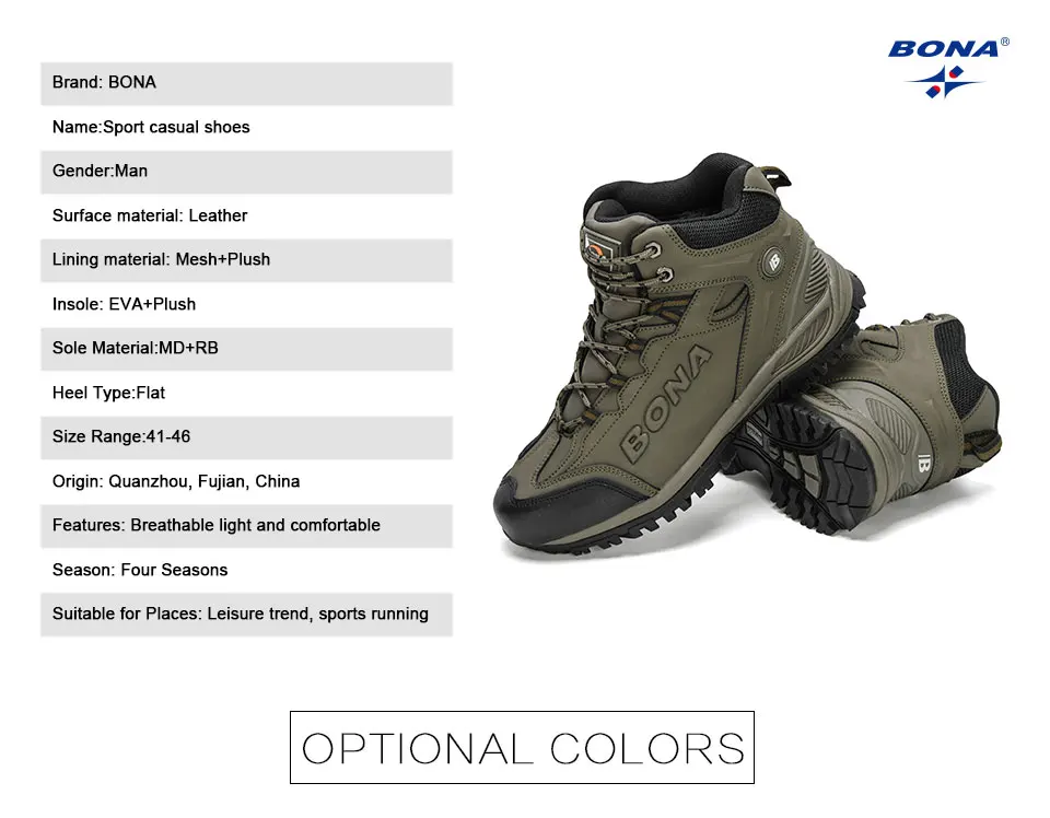 BONA 2022 New Designers Popular Hiking Boots Men Snow Warm Sneakers Man Padded Trekking Winter Action Leather High Top Footwear