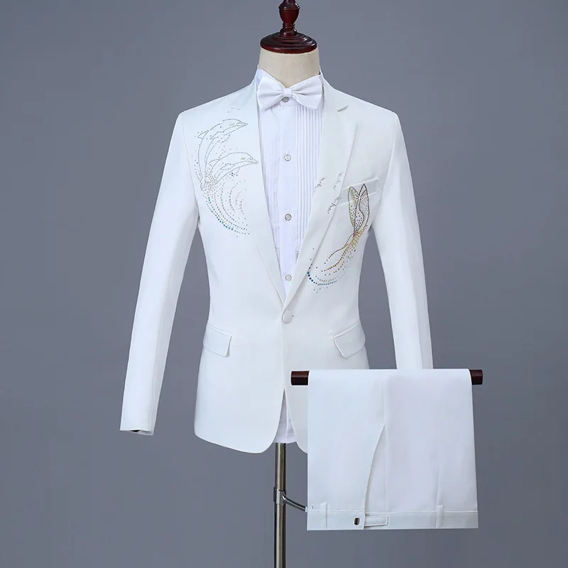 Персонализированные кристаллы животный узор белый Slim Fit для мужчин свадебное платье костюм наборы мужской большой размер формальный бизнес Блейзер Пальто