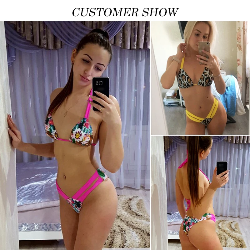 Leopard brazilian bikini Push up thong swimsuit female Halter high cut neon swimwear women bathing suit Micro sexy bikini