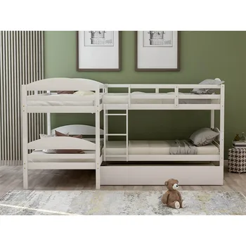 

L-Shaped Bunk Bed with Trundle Simple and Fresh Style Bunk Wood Bed Bunk Bed High Quality American Style Solid Designs Furniture