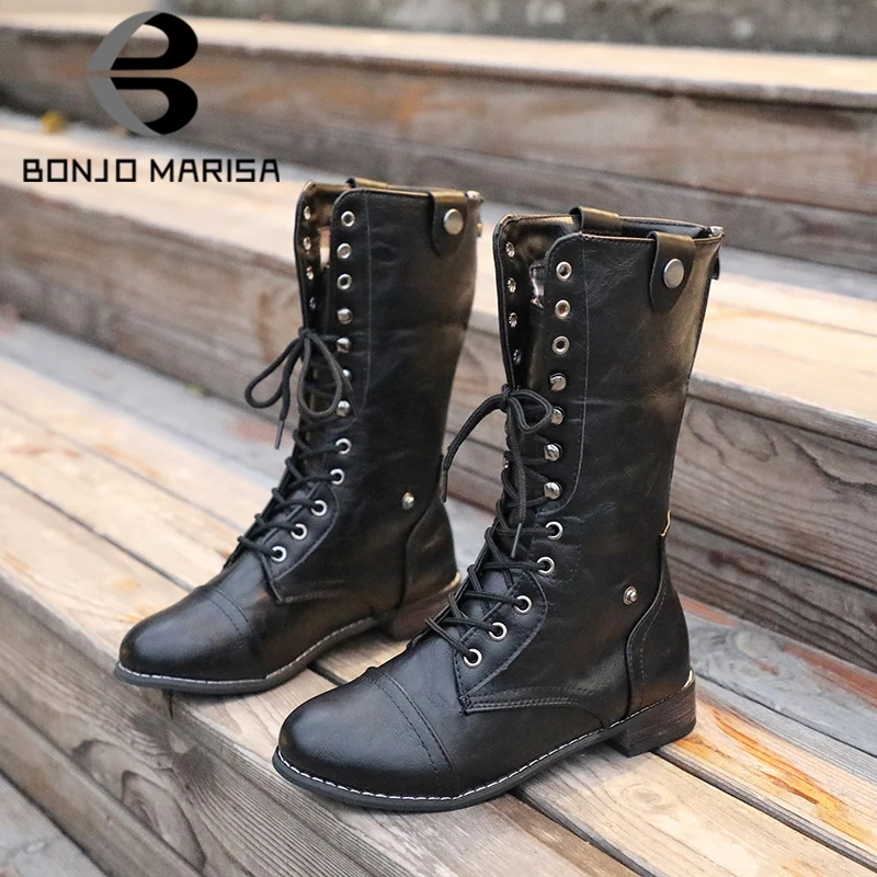 BONJOMARISA 35-43 Hot Sale Lady Retro mid-calf Boots Women Spring Fashion Turned Over Edges Boots Low Heel OL Shoes Woman