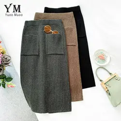 YuooMuoo, Женская облегающая юбка, элегантная, до колена, юбка-карандаш, Осень-зима, повседневная, Вязанная, с высокой талией, юбка для женщин, s