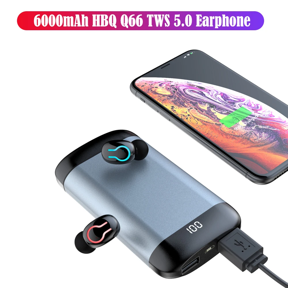 

6000mAh HBQ Q66 TWS 5.0 Wireless Earphones Bluetooth Headphone with LED Display charging box For Smart phones in earphone