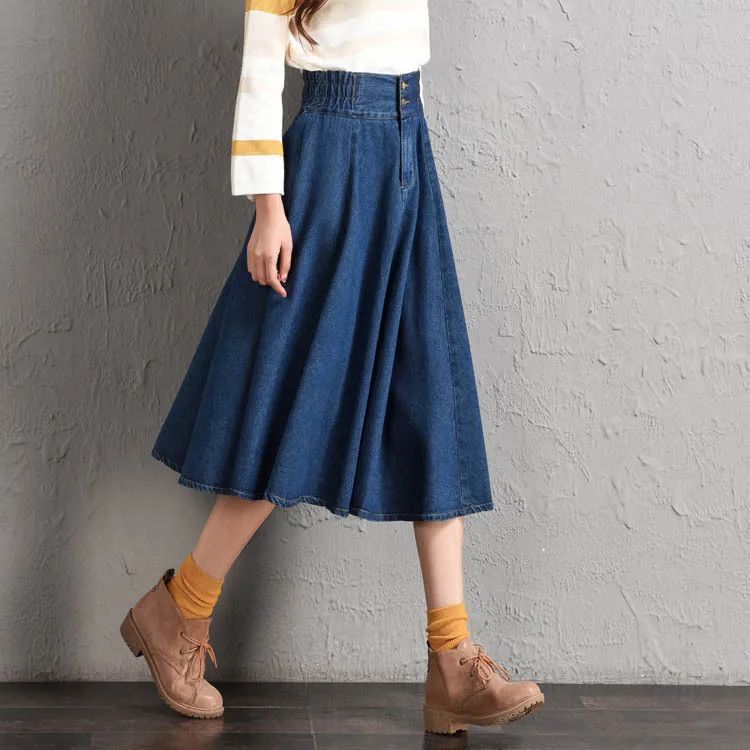 

Spring And Summer Korean-style Solid Color Big Hemline Denim Skirt Large Size Skirt New Style Elastic Waist Mid-length Full Skir
