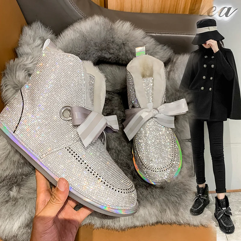 Ceny Zima Sexy Rhinestone utrzymać ciepłe buty na śnieg kobiety Bowknot okrągłe Toe botki damskie buty kobieta buty casual Zapatos De Mujer