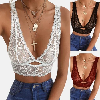 

1PC Plus Size Summer Slim Deep V Sexy Bra Lace Embroidery Push Up Strappy lingerie Women Shaping Padded Underwear Crop Top