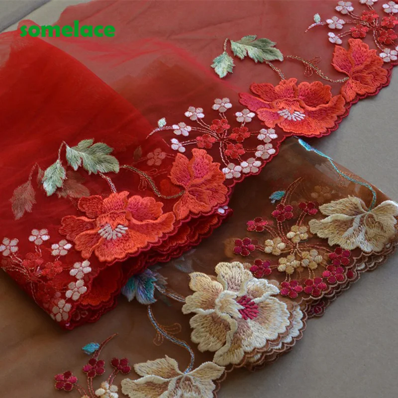 2Yds/lot 20cm Wide Red Borwn Gazue Fluorescent Gold Thread Flower Embroidery High Quality Lace Trim For Garments And Weddin | Дом и сад