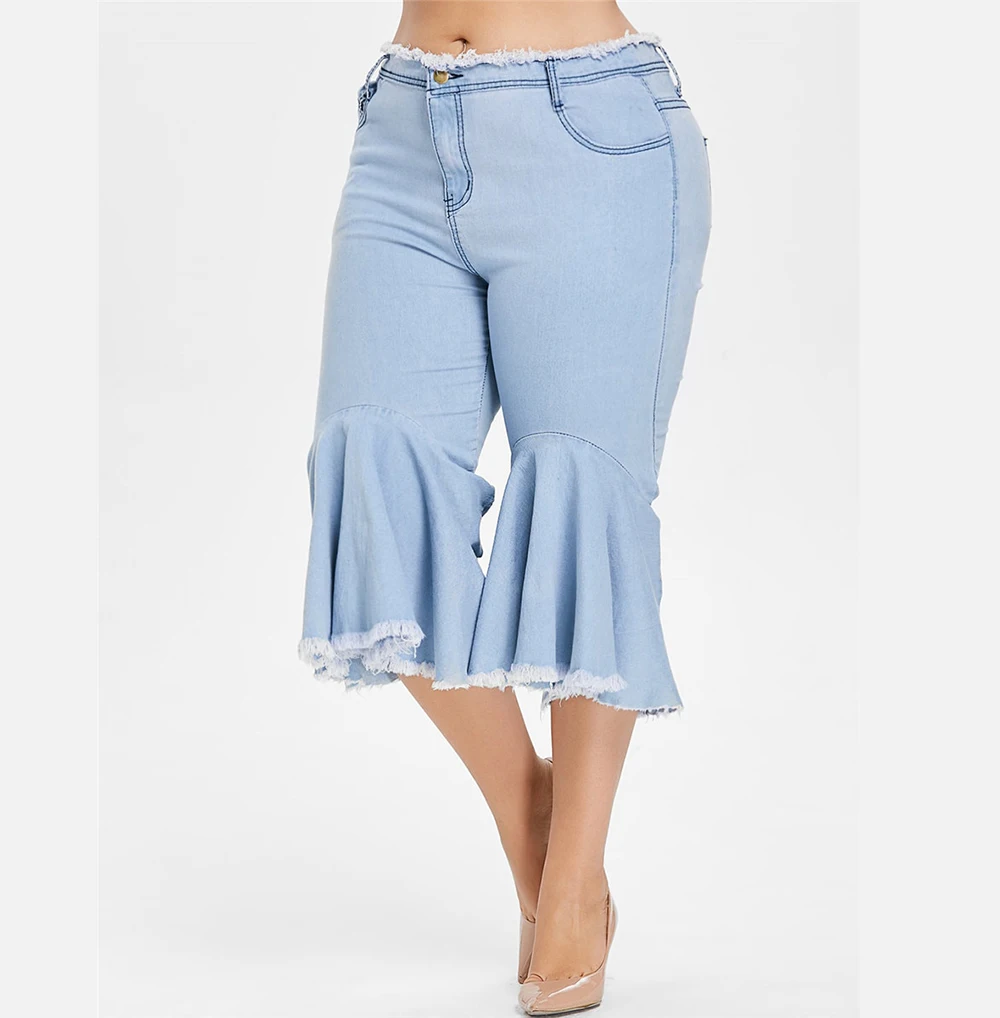 Boho модные джинсовые Укороченные расклешенные брюки женские джинсы широкие ноги леди случайный звонок-низ расклешенные брюки женские большие размеры 5XL
